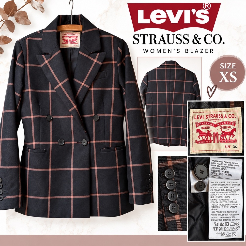 Levi Strauss & Co Womens Double Breasted Plaid Blazer Black Brown XS Windowpane